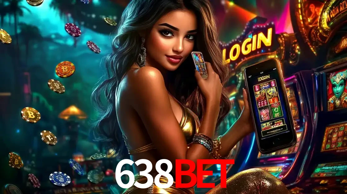 Mulher em um cenário de cassino temático de aventura, mostrando o app de caça-níqueis da 638bet no celular. Fichas de apostas flutuam ao redor.