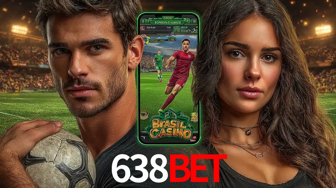 Homem segurando uma bola de futebol e uma mulher ao lado de um smartphone exibindo o jogo de apostas esportivas da 638bet. Faça seu palpite no cassino online.